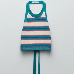 Zara Striped Knit Halter Top - Teal and Pink